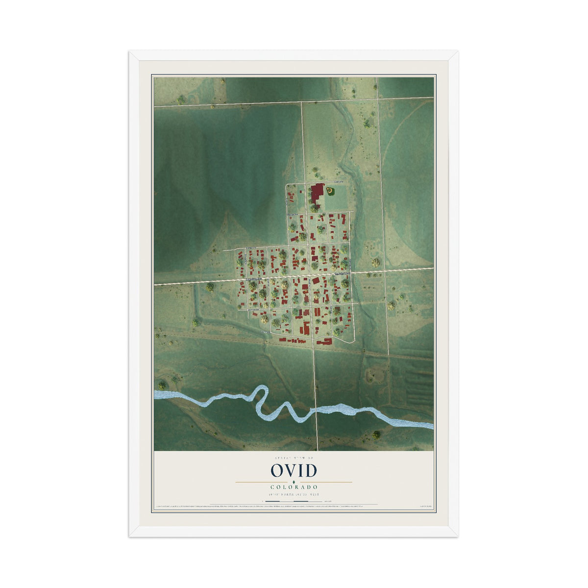 Map of Ovid, Colorado, 12 x 18 inch print in a white wood frame