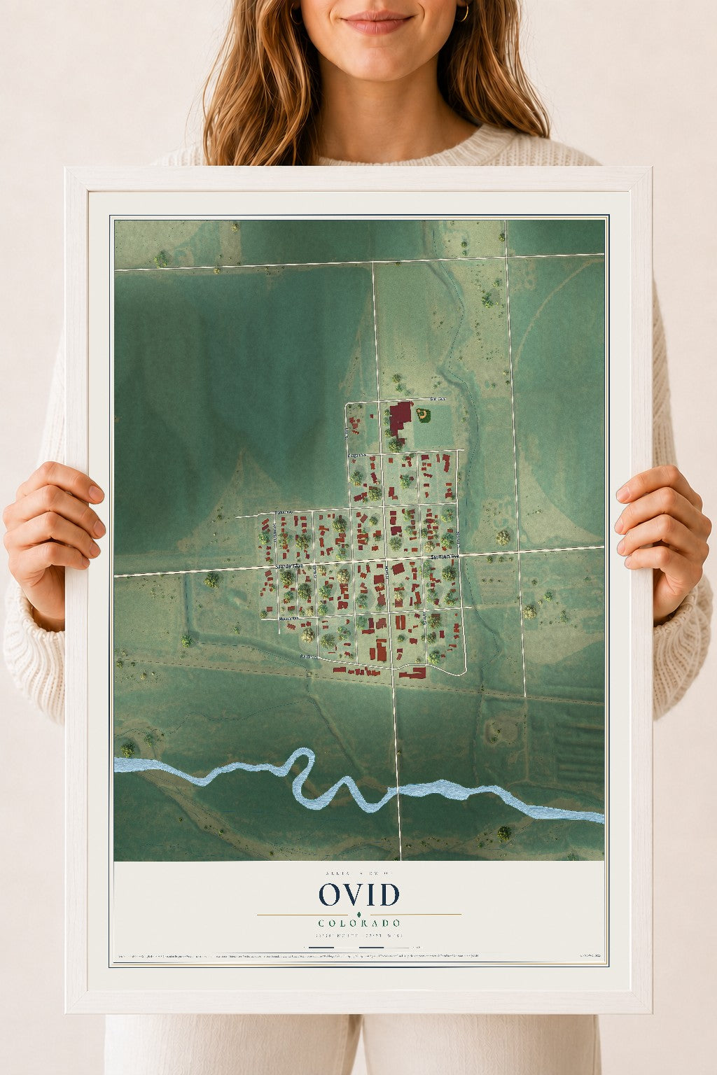 Map of Ovid, Colorado, 18 x 24 inch print in a white wood frame
