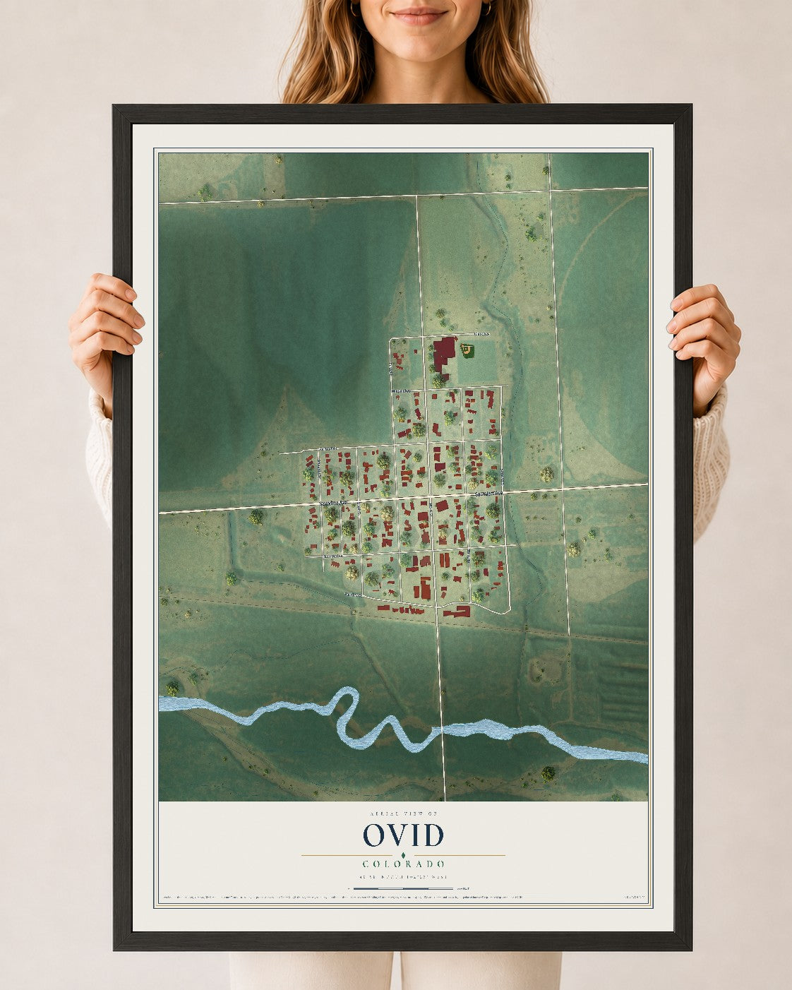 Map of Ovid, Colorado, 24 x 36 inch print in a black wood frame