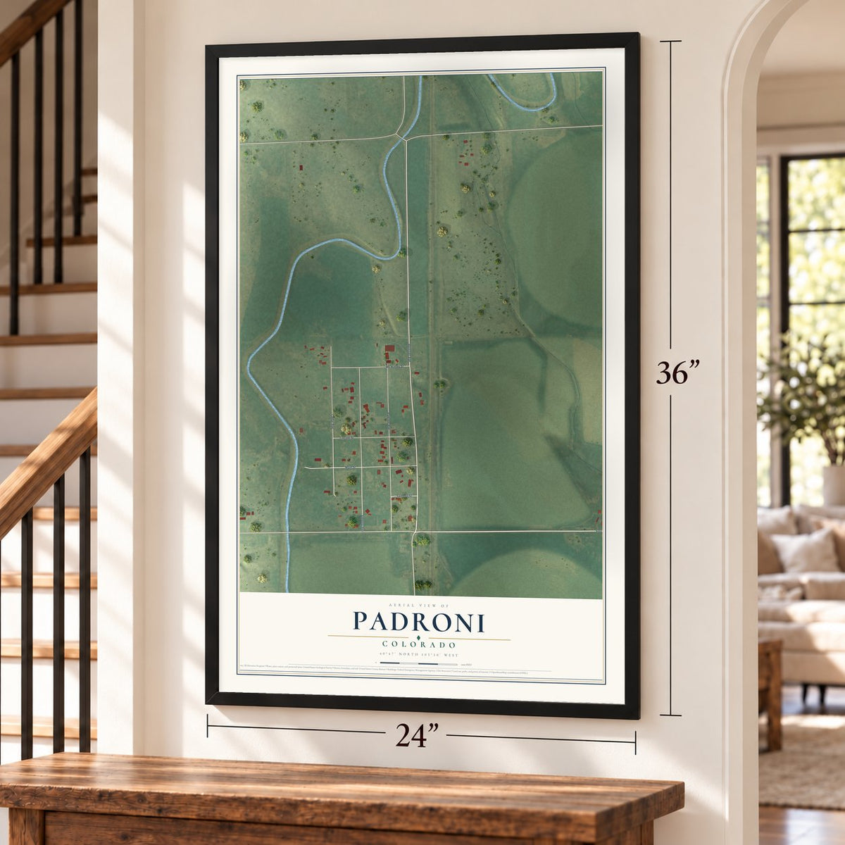 Padroni, Colorado map, 24 x 36 inch print in a black frame by a staircase