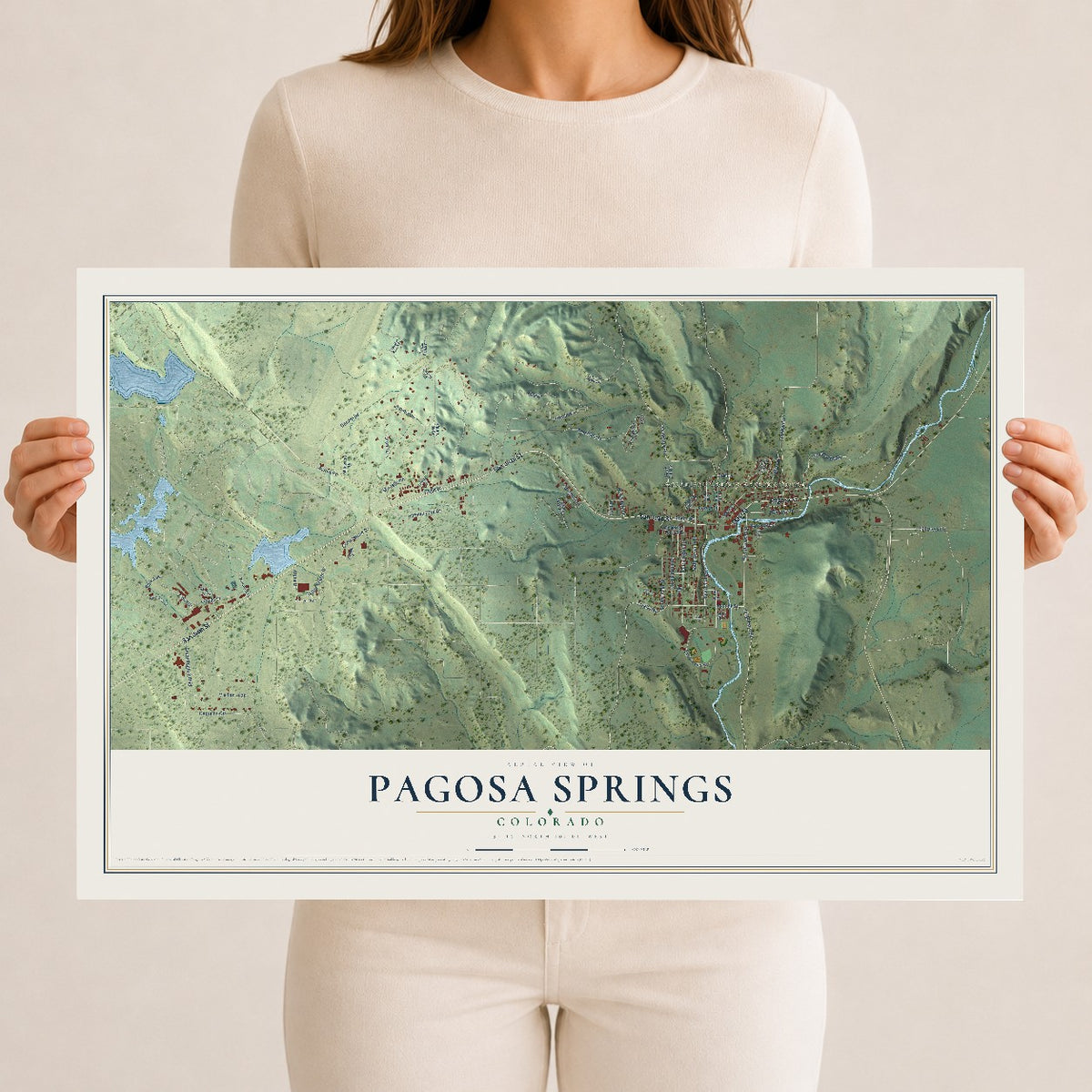 Map of Pagosa Springs, Colorado, 12 x 18 inch unframed archival matte print