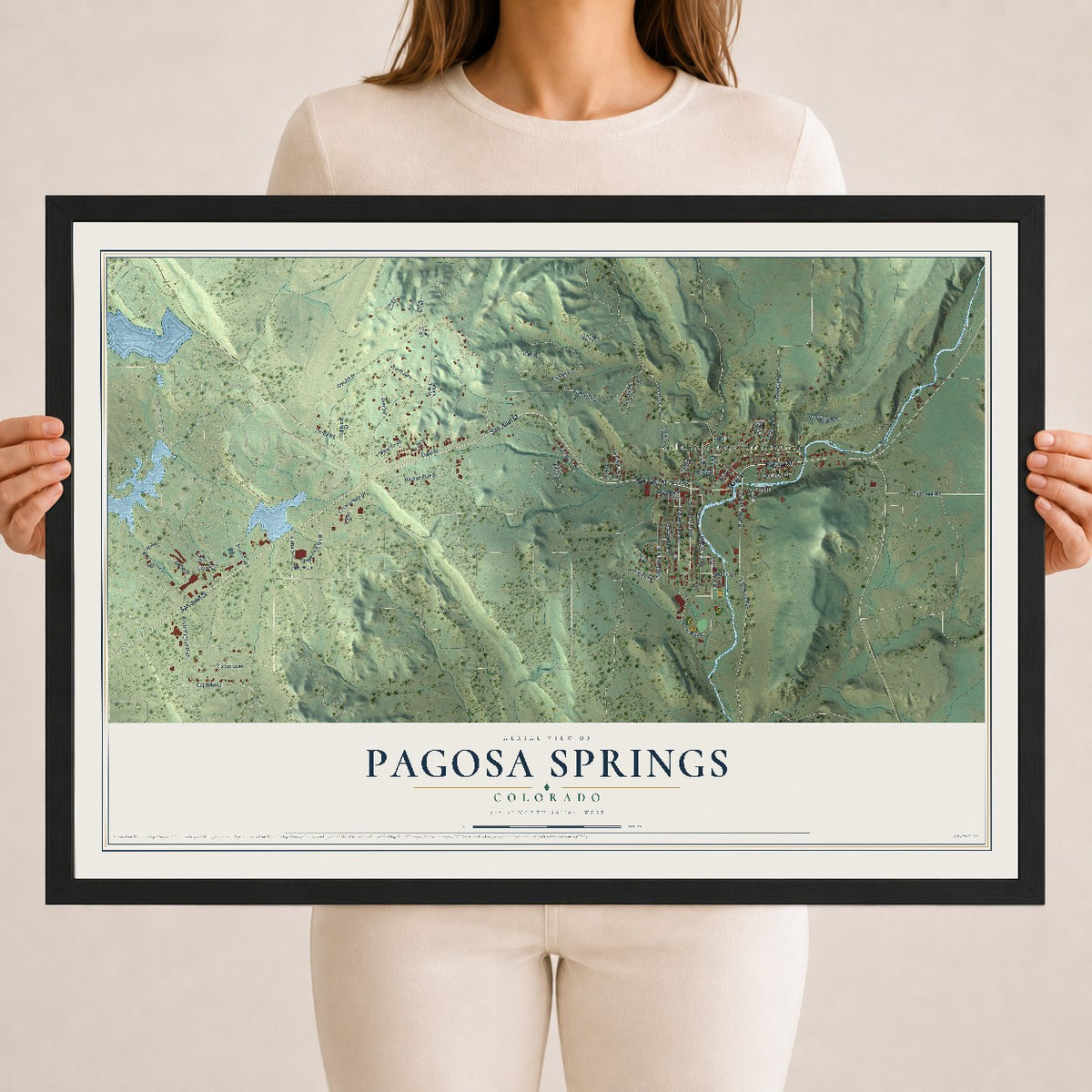 Map of Pagosa Springs, Colorado, 18 x 24 inch print in a black wood frame