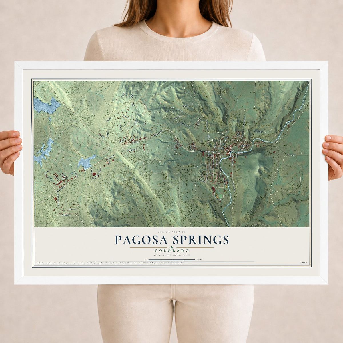 Map of Pagosa Springs, Colorado, 18 x 24 inch print in a white wood frame