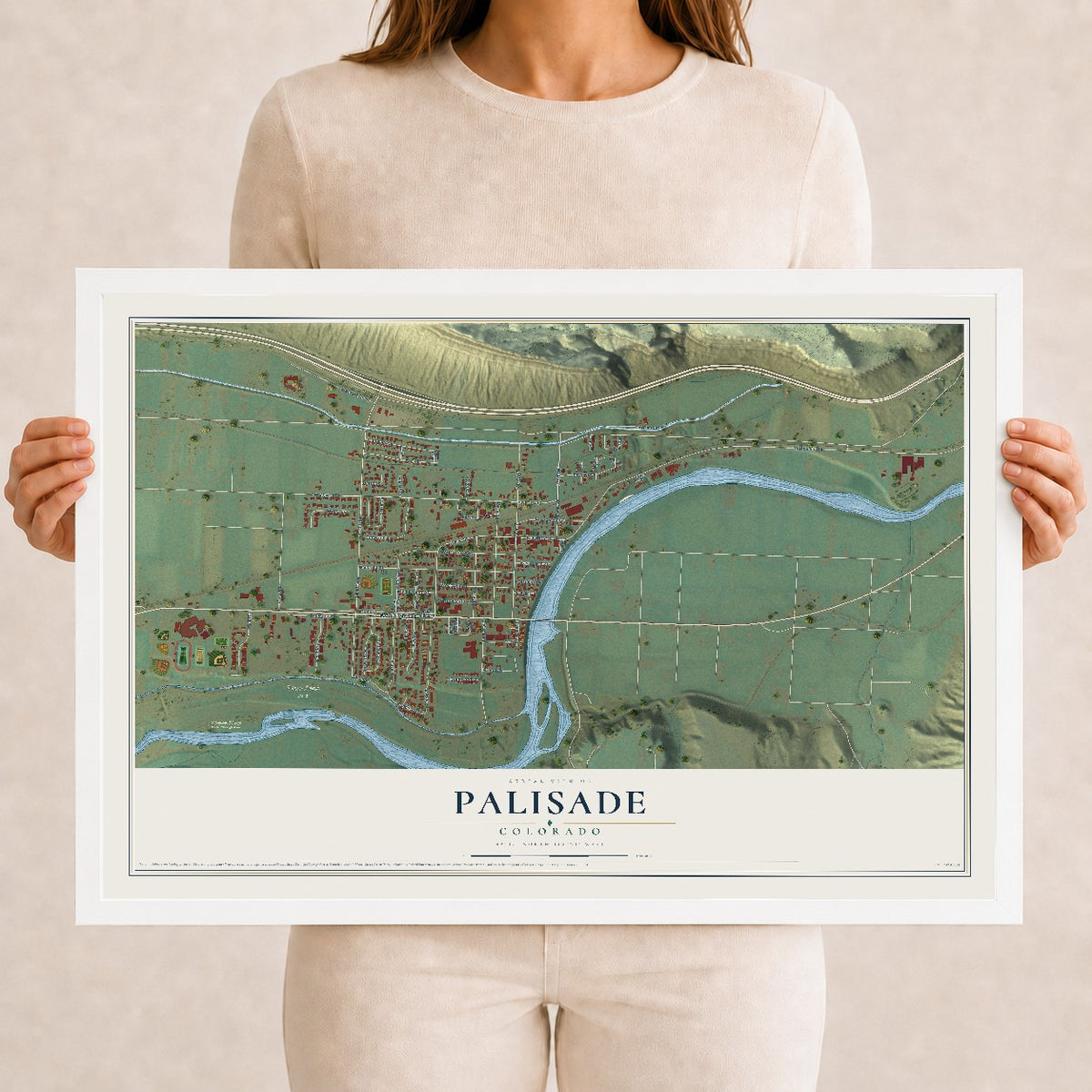 Map of Palisade, Colorado, 12 x 18 inch print in a white wood frame