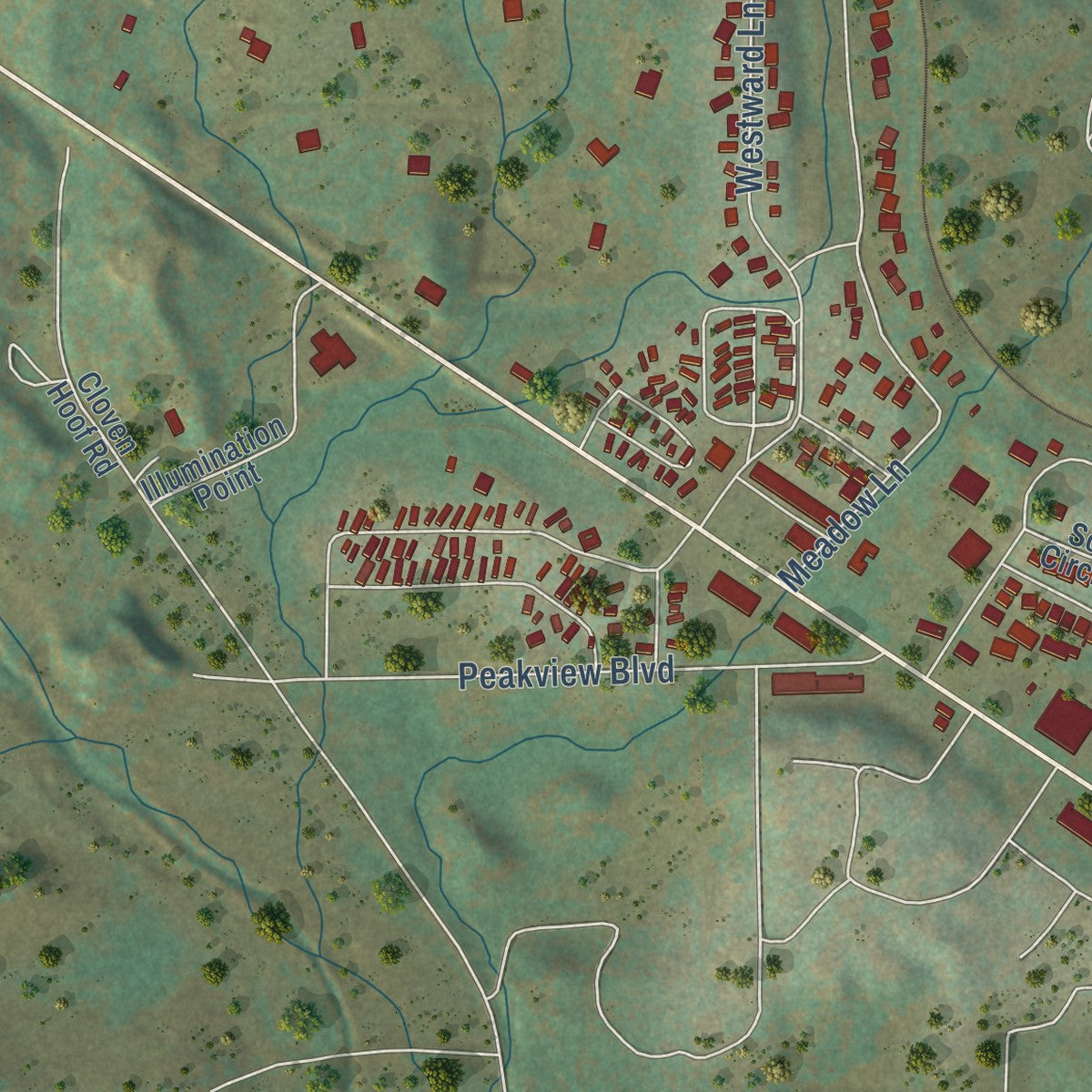 Second close-up of the map of Palmer Lake, Colorado print showing more streets and buildings