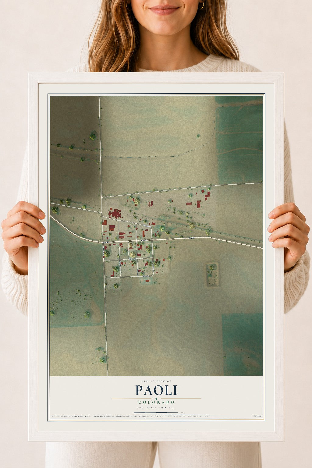 Map of Paoli, Colorado, 18 x 24 inch print in a white wood frame