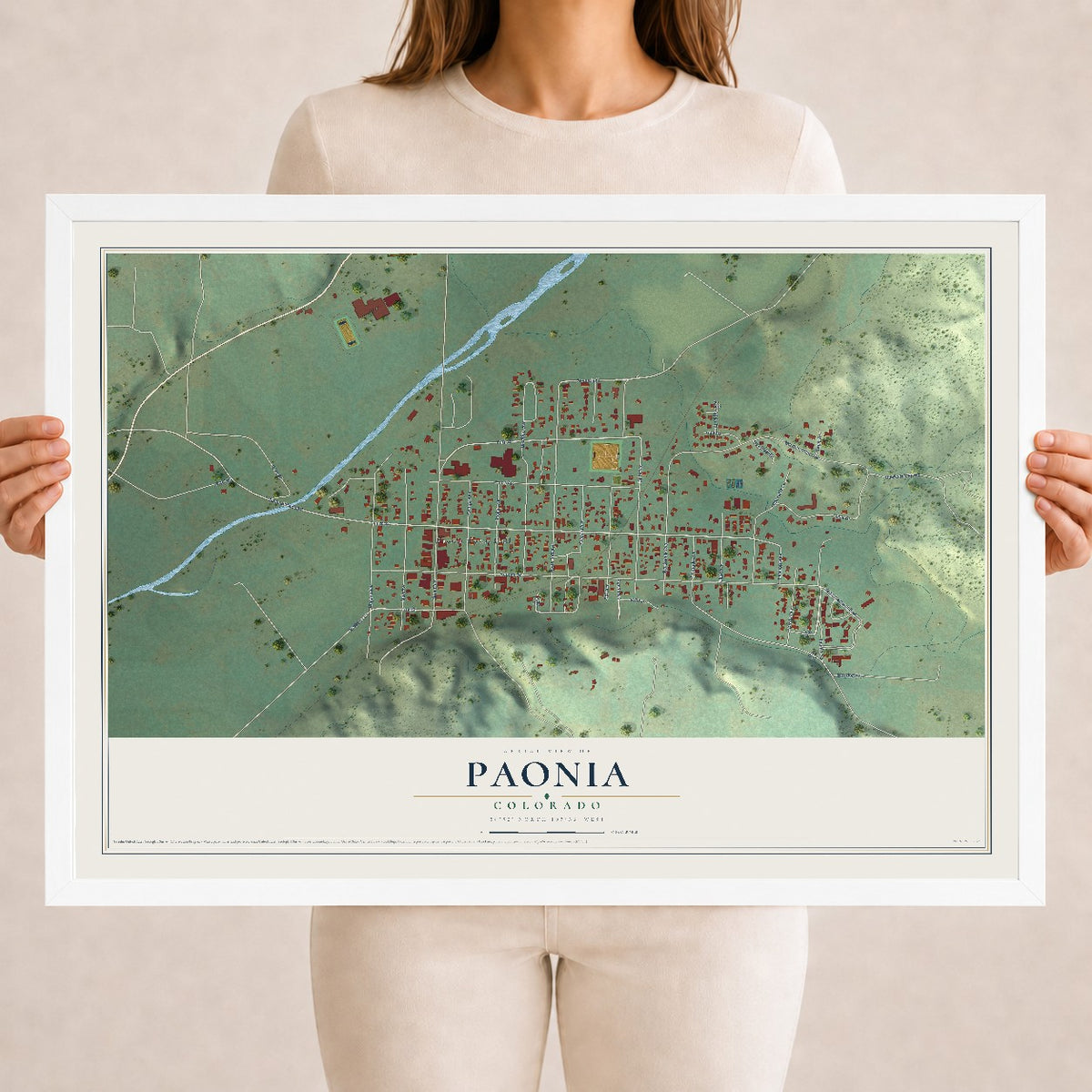 Map of Paonia, Colorado, 18 x 24 inch print in a white wood frame