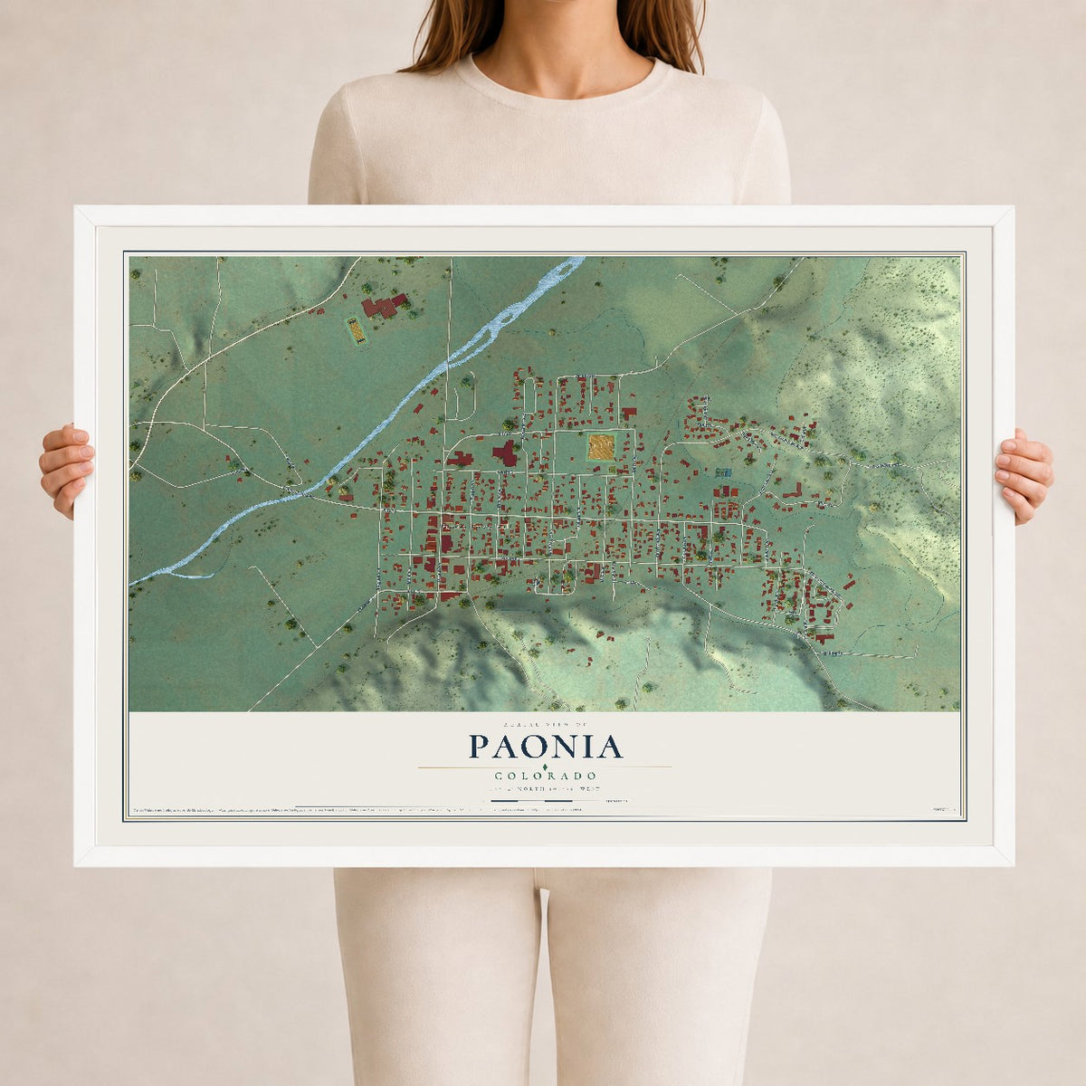 Map of Paonia, Colorado, 24 x 36 inch print in a white wood frame