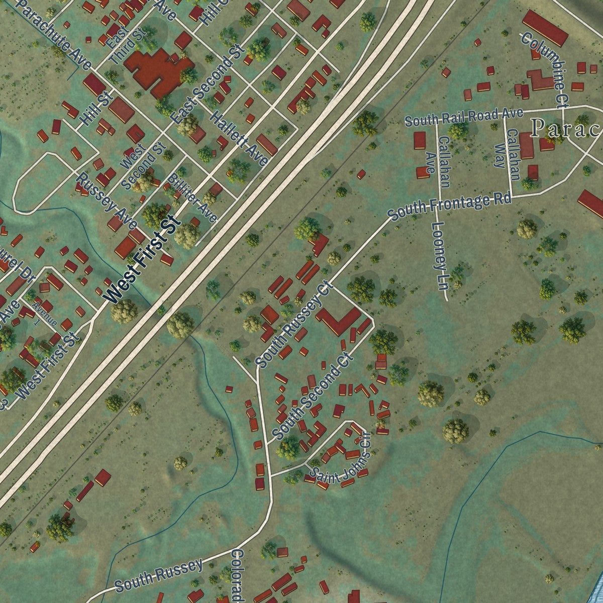 Close-up of the map of Parachute, Colorado print showing street and building detail