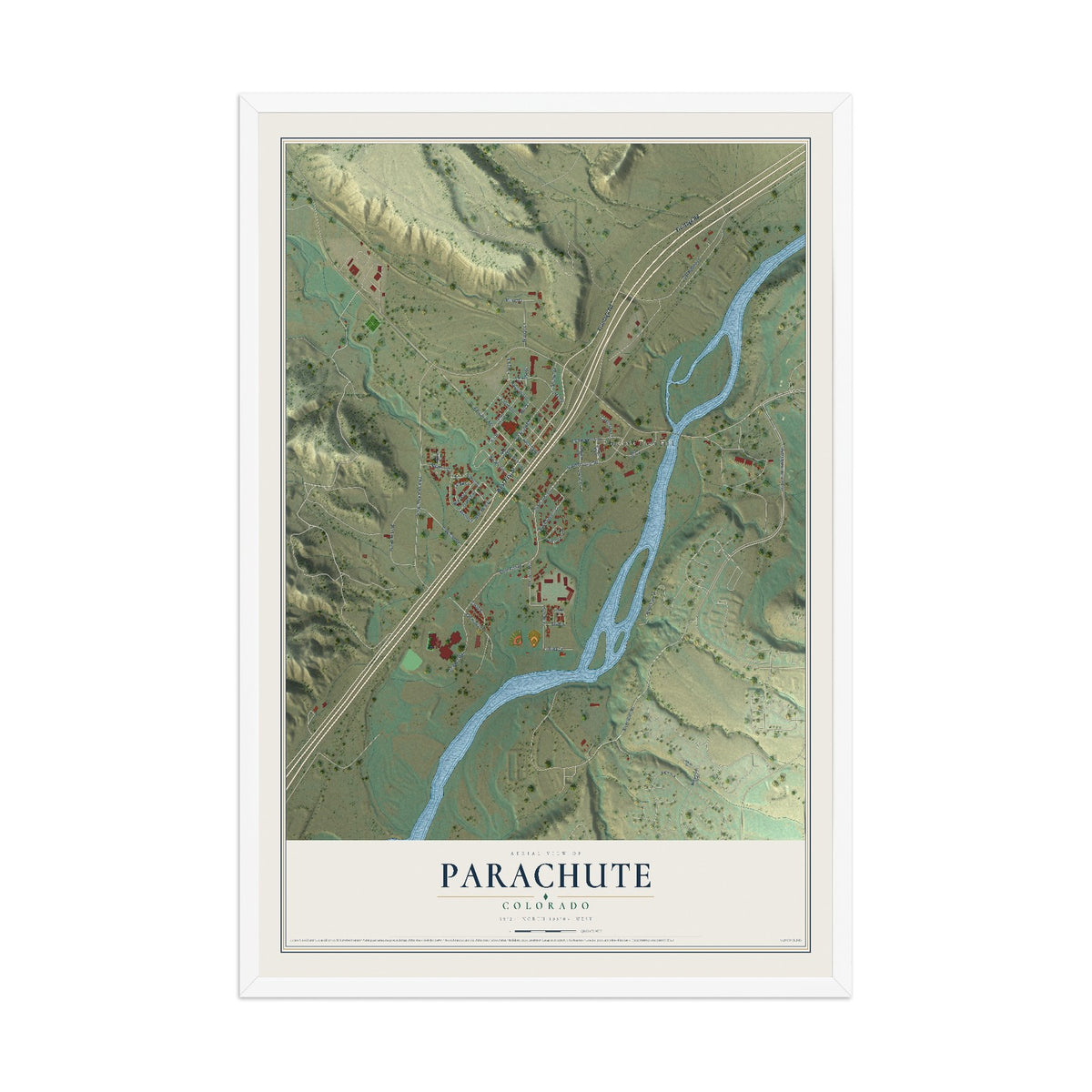 Map of Parachute, Colorado, 12 x 18 inch print in a white wood frame