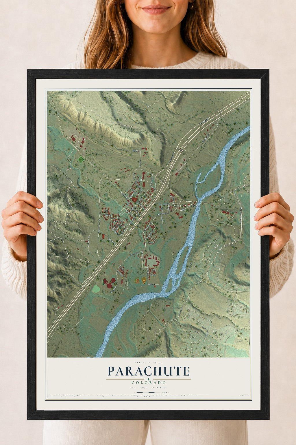 Map of Parachute, Colorado, 18 x 24 inch print in a black wood frame