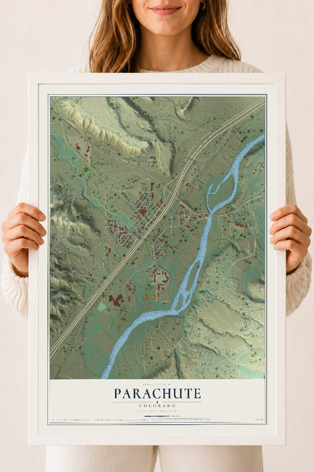 Map of Parachute, Colorado, 18 x 24 inch print in a white wood frame