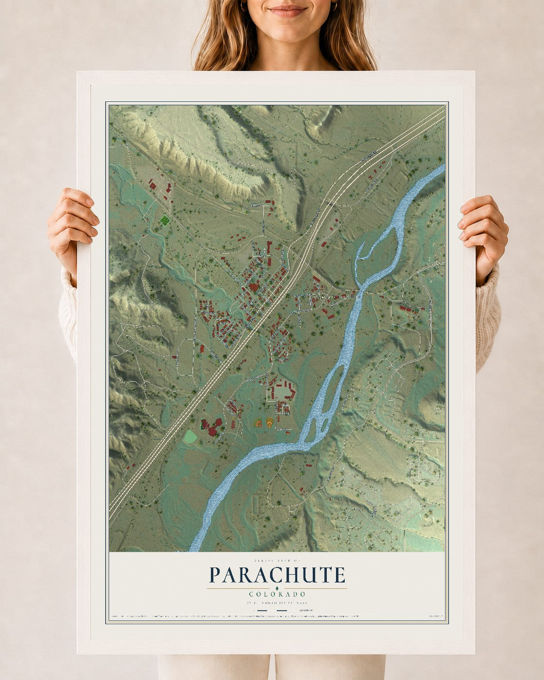 Map of Parachute, Colorado, 24 x 36 inch print in a white wood frame
