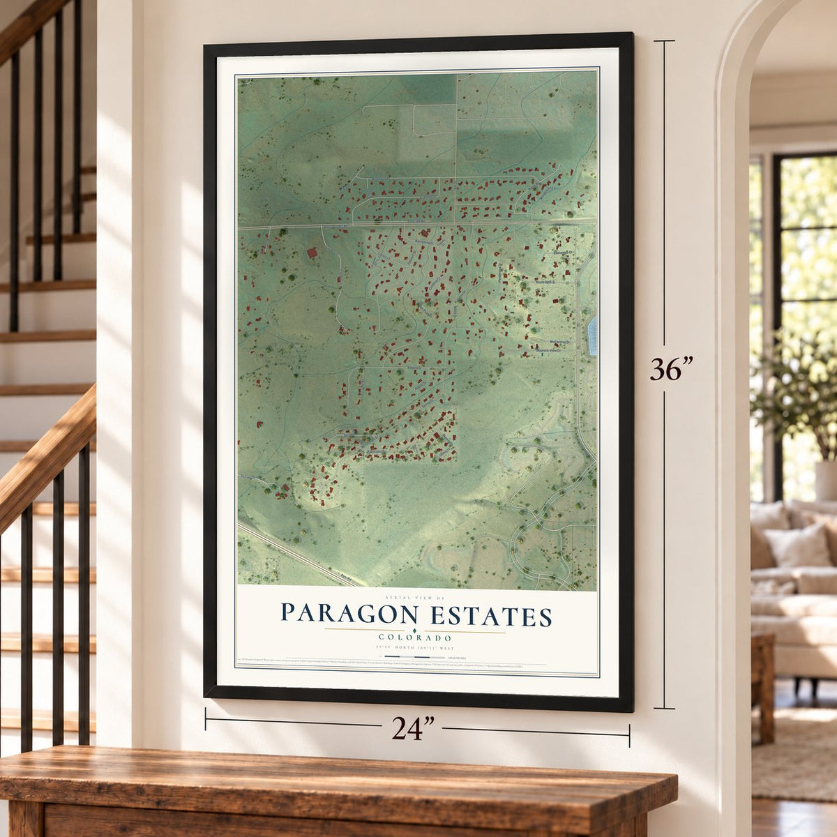 Paragon Estates, Colorado map, 24 x 36 inch print in a black frame by a staircase
