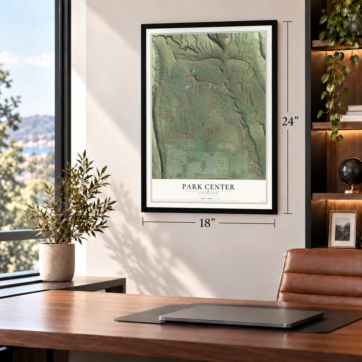 Park Center, Colorado map, 18 x 24 inch print in a black frame in a home office