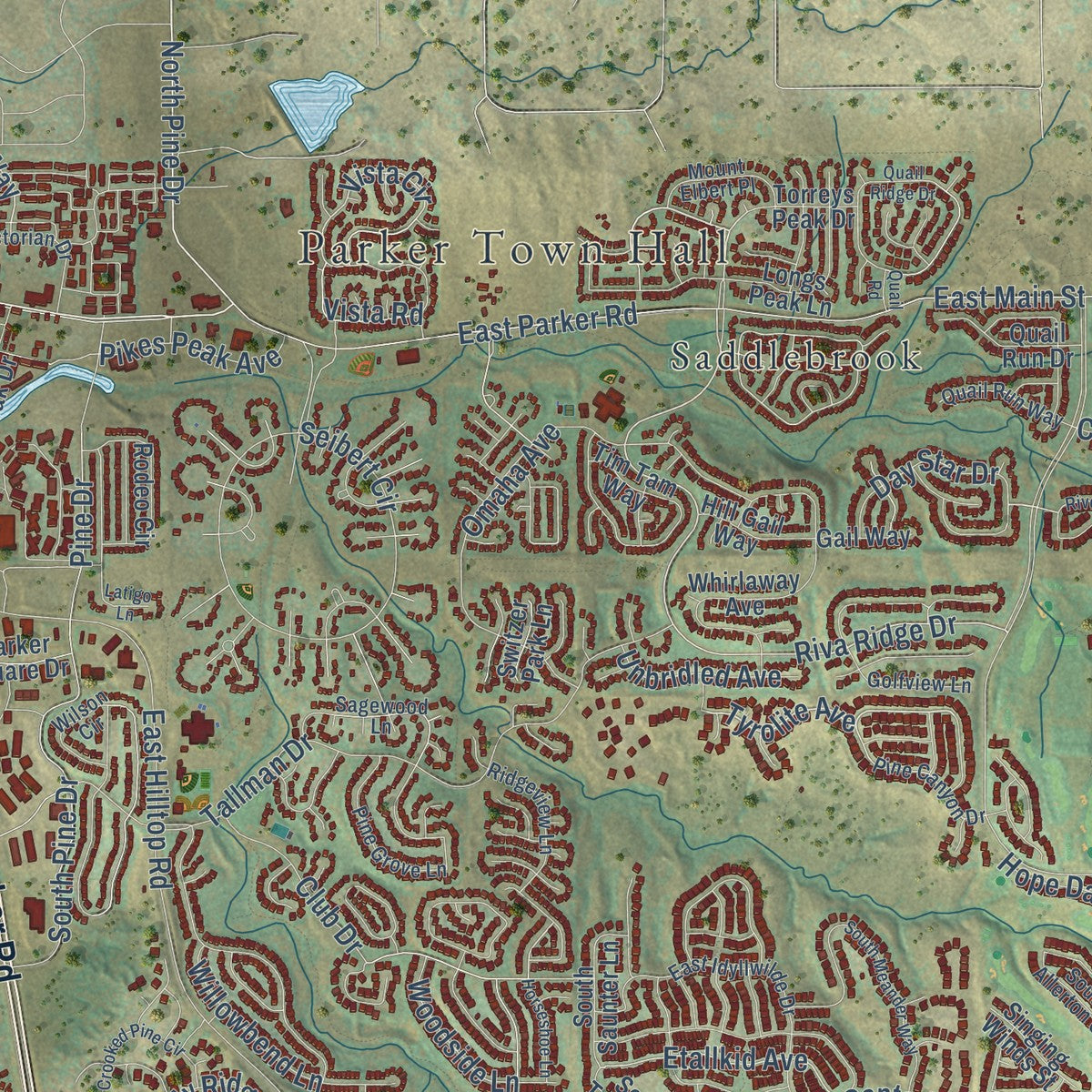 Close-up of the map of Parker, Colorado print showing street and building detail