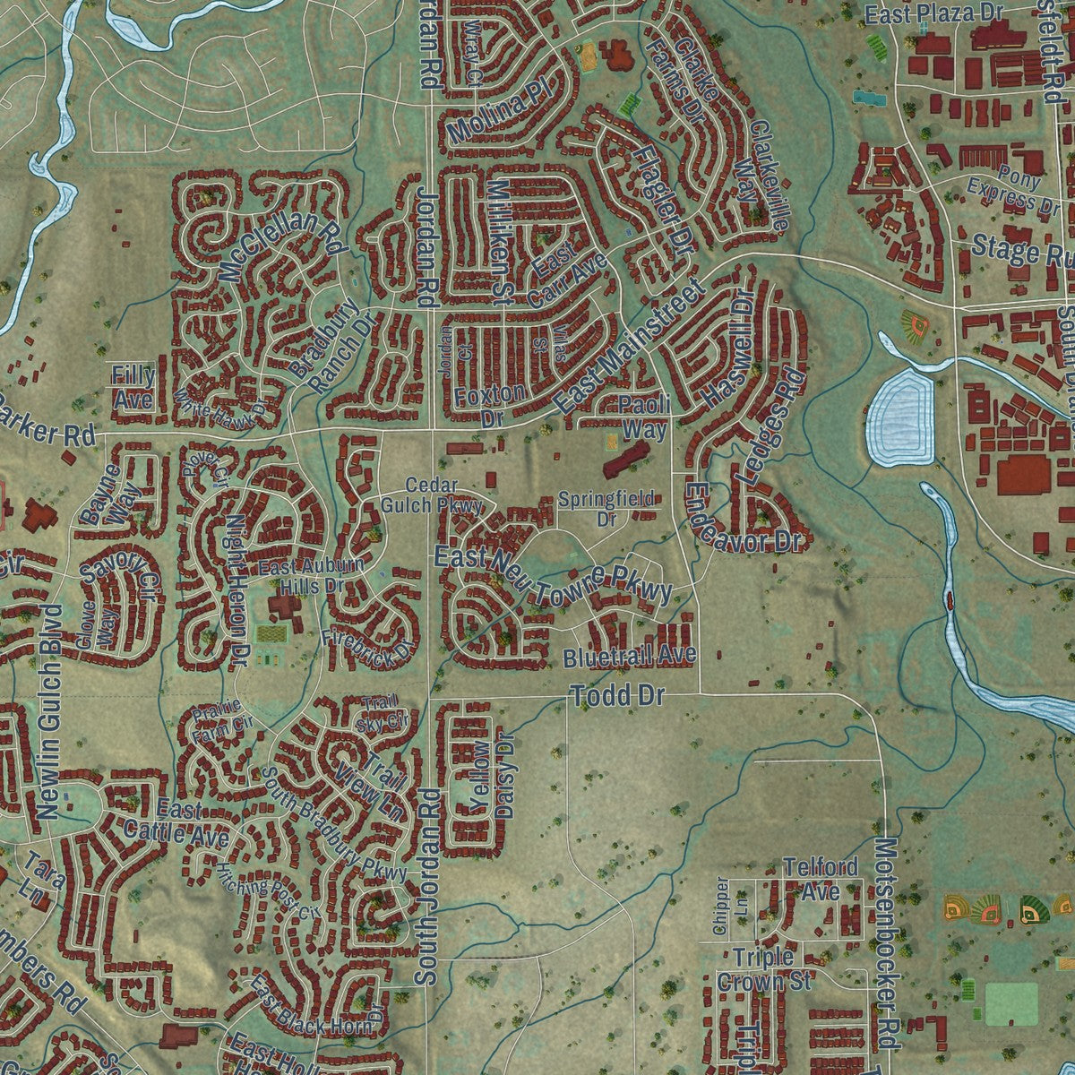 Second close-up of the map of Parker, Colorado print showing more streets and buildings