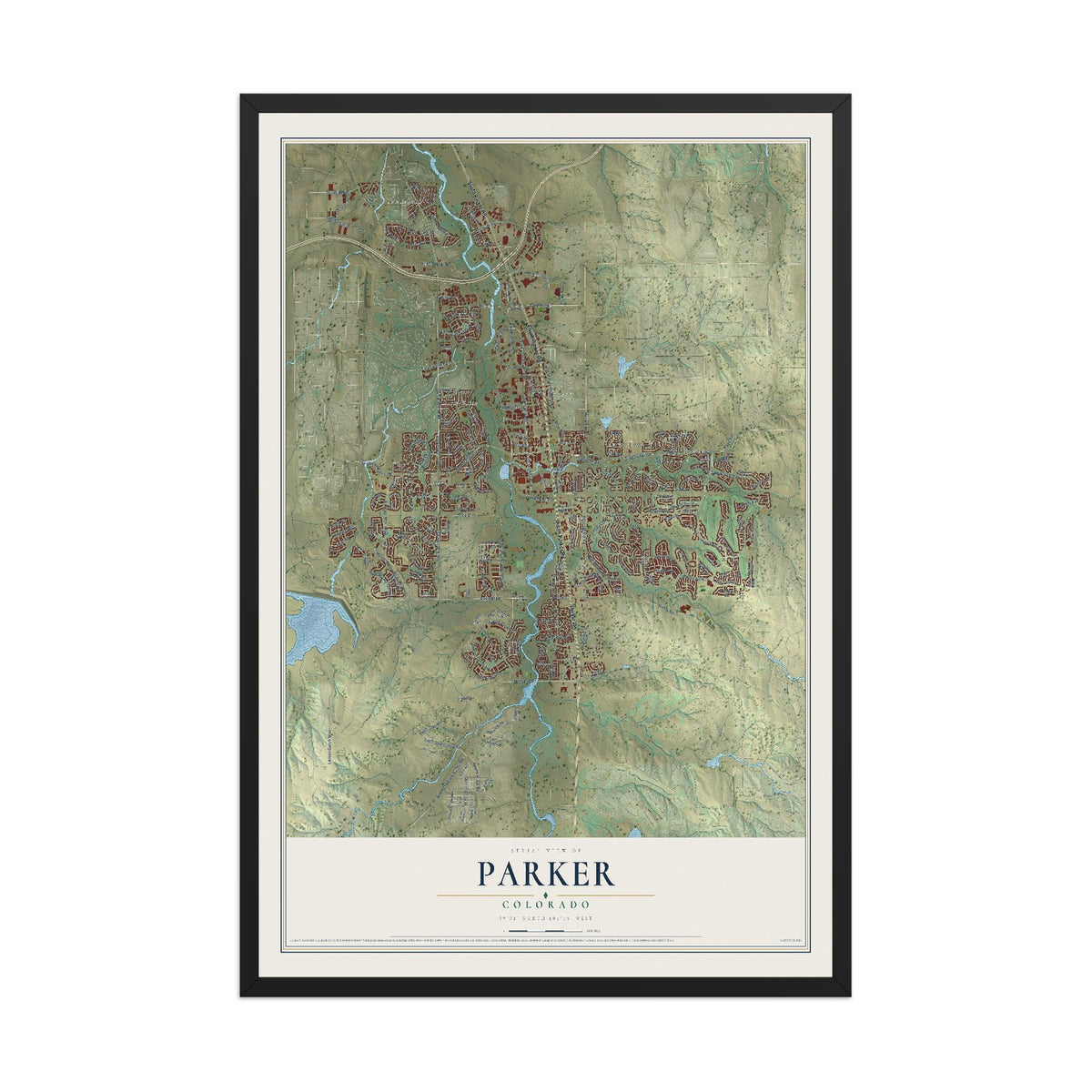 Map of Parker, Colorado, 12 x 18 inch print in a black wood frame