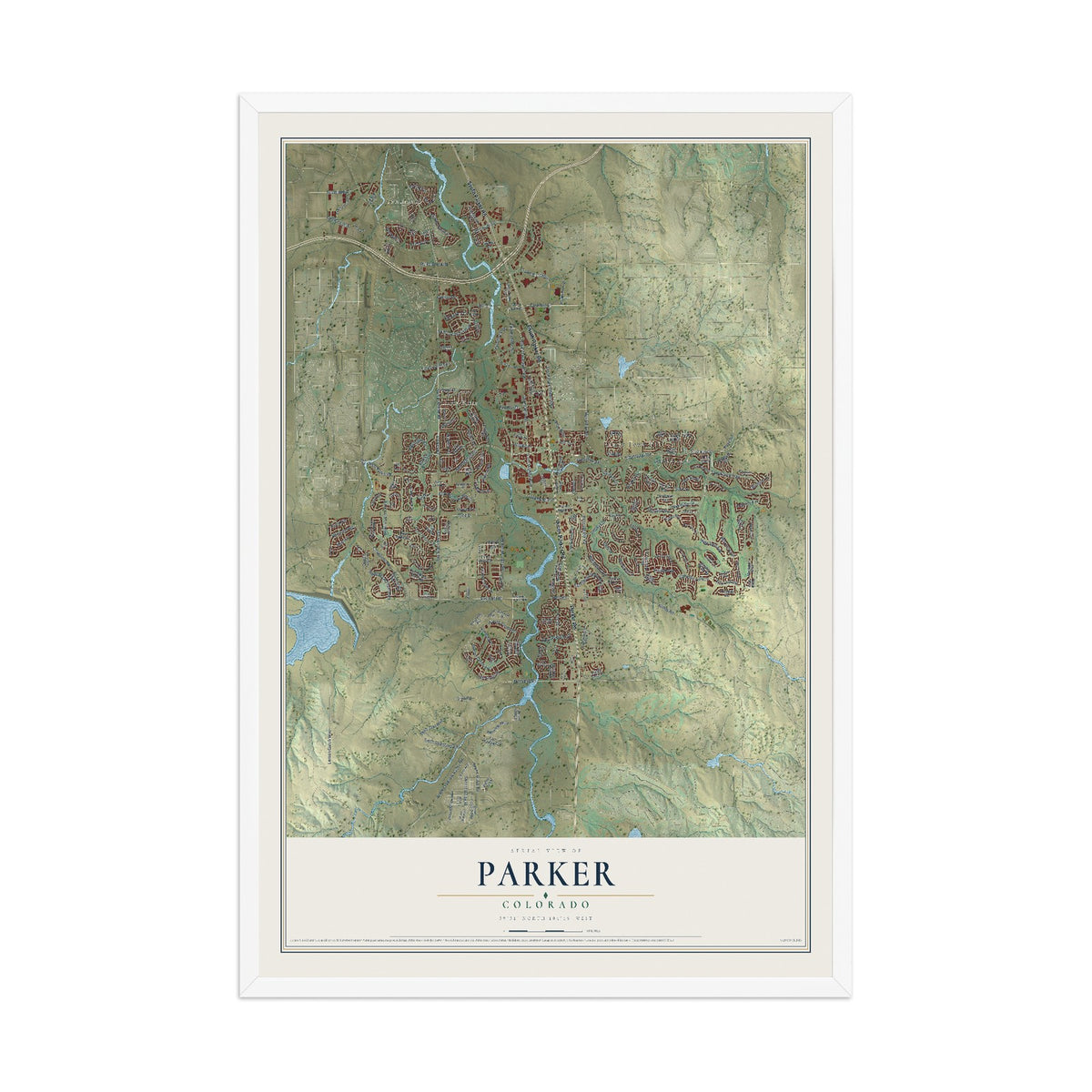 Map of Parker, Colorado, 12 x 18 inch print in a white wood frame