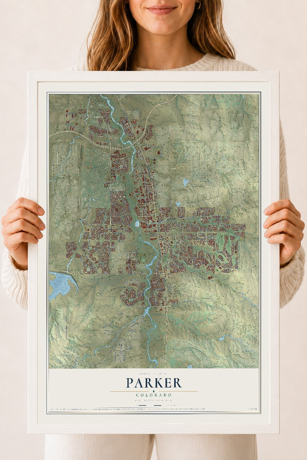 Map of Parker, Colorado, 18 x 24 inch print in a white wood frame