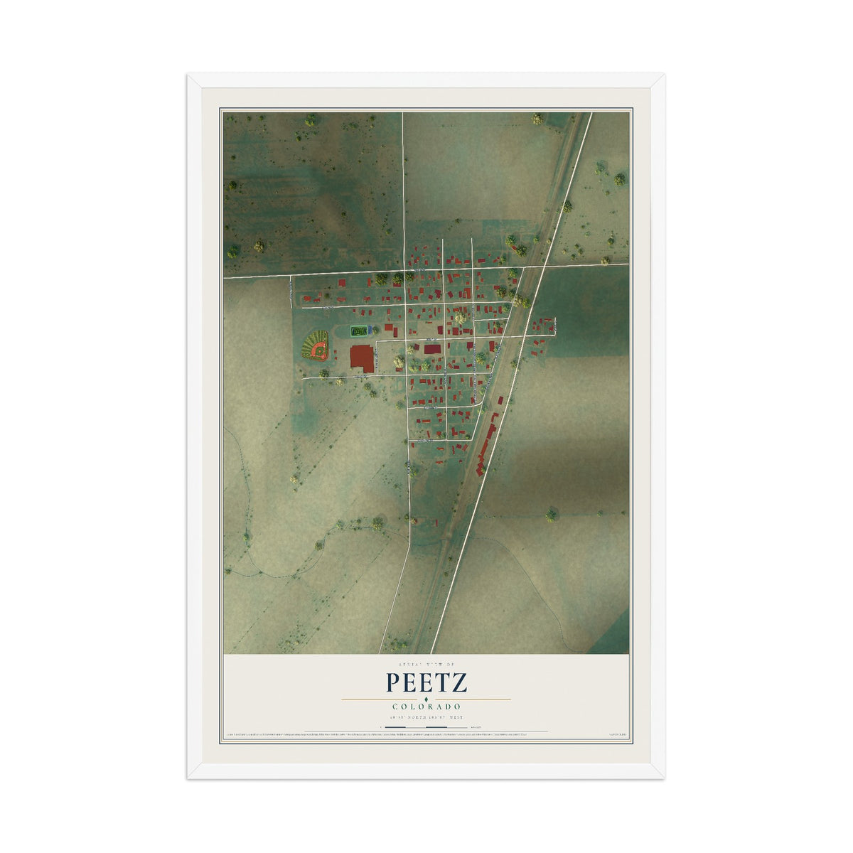 Map of Peetz, Colorado, 12 x 18 inch print in a white wood frame