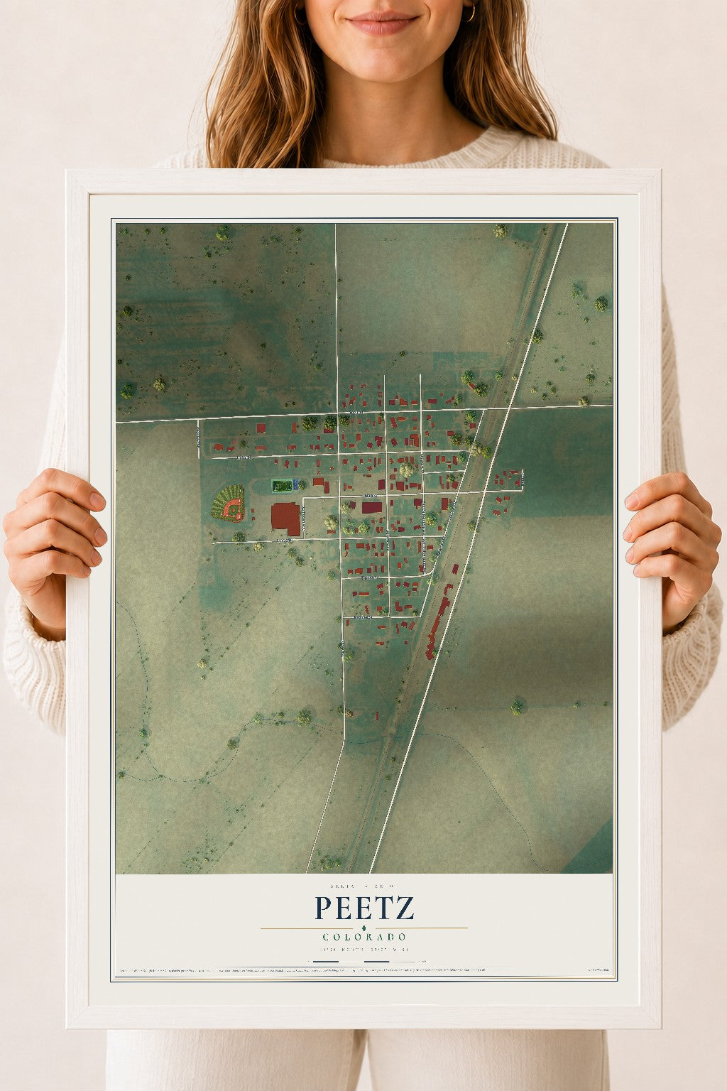 Map of Peetz, Colorado, 18 x 24 inch print in a white wood frame
