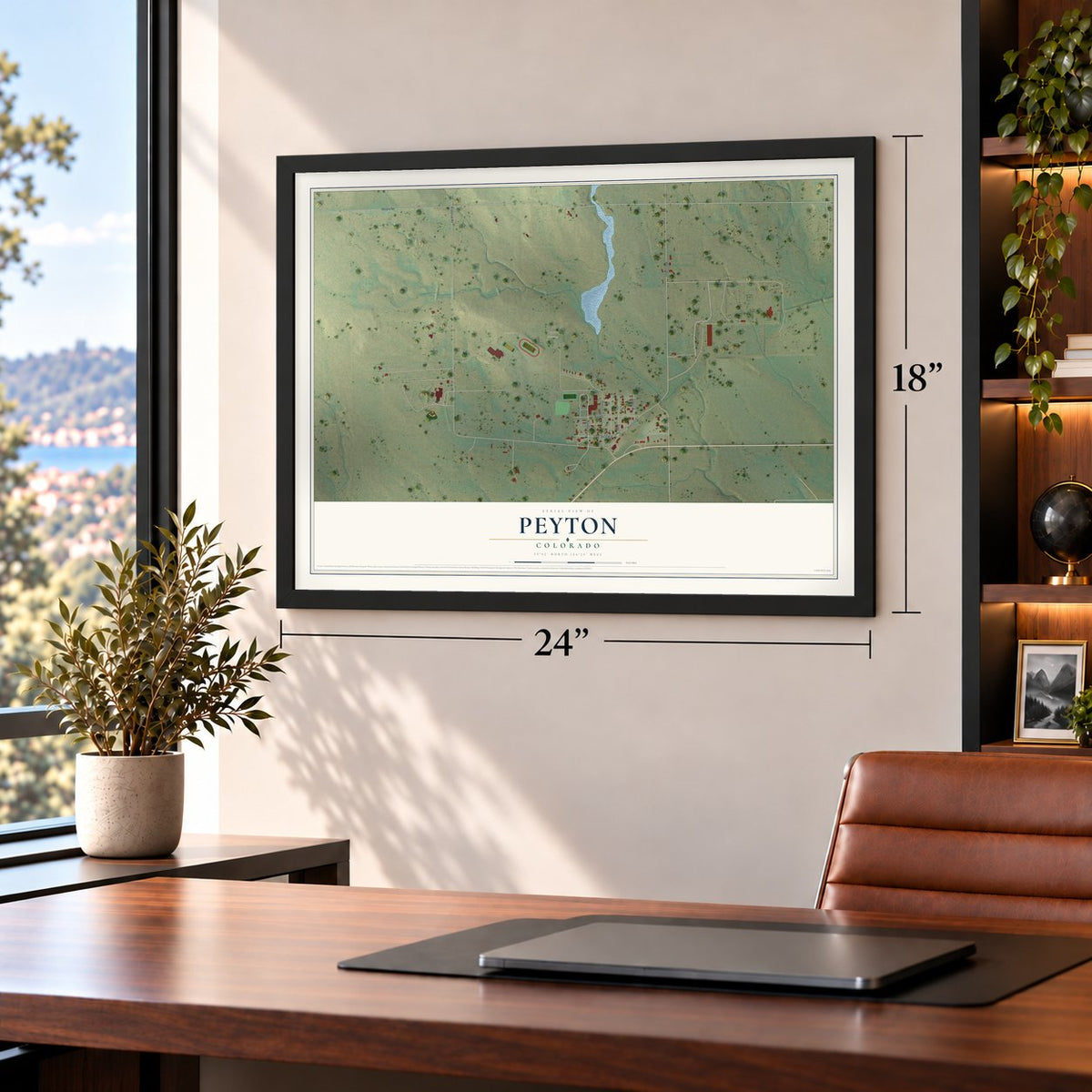Peyton, Colorado map, 18 x 24 inch print in a black frame in a home office