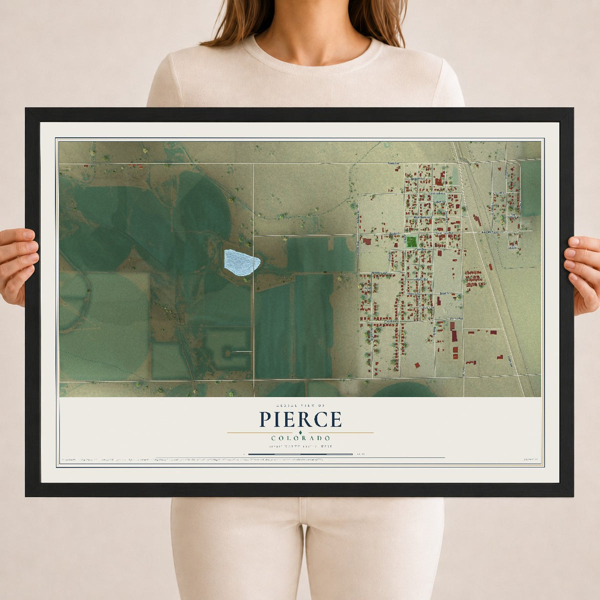 Map of Pierce, Colorado, 18 x 24 inch print in a black wood frame