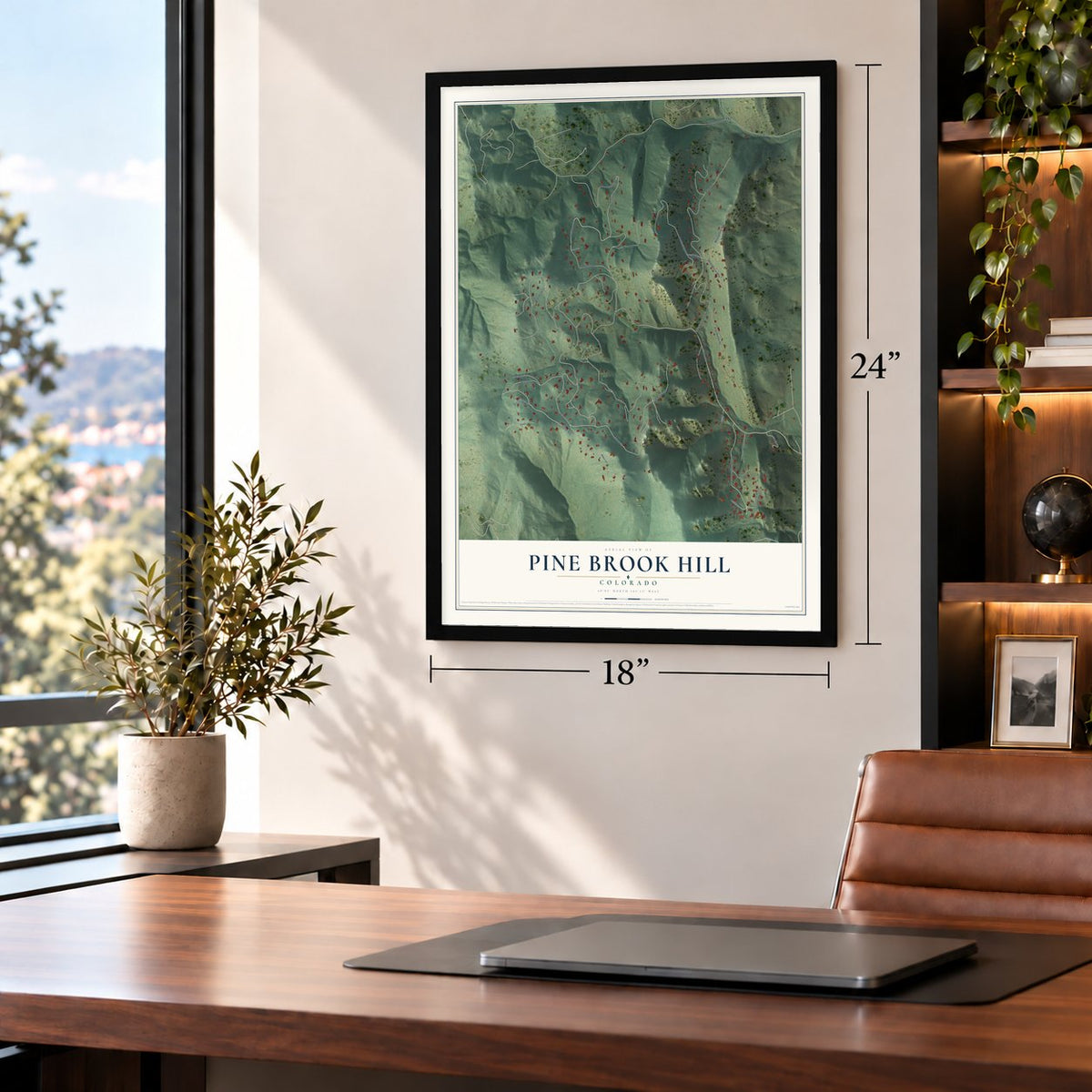 Pine Brook Hill, Colorado map, 18 x 24 inch print in a black frame in a home office