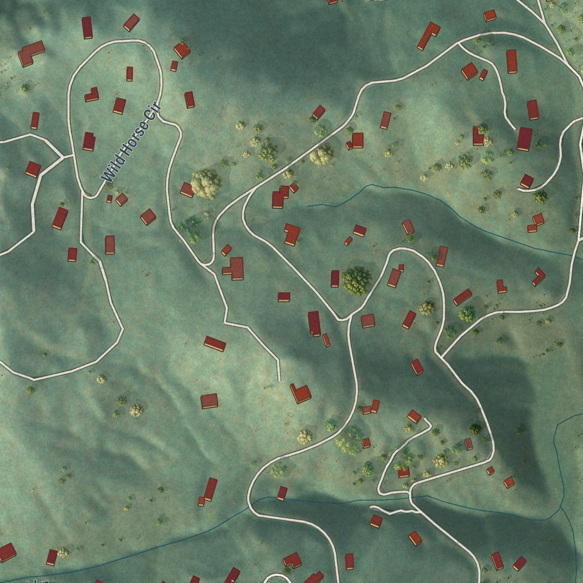 Close-up of the map of Pine Brook Hill, Colorado print showing street and building detail