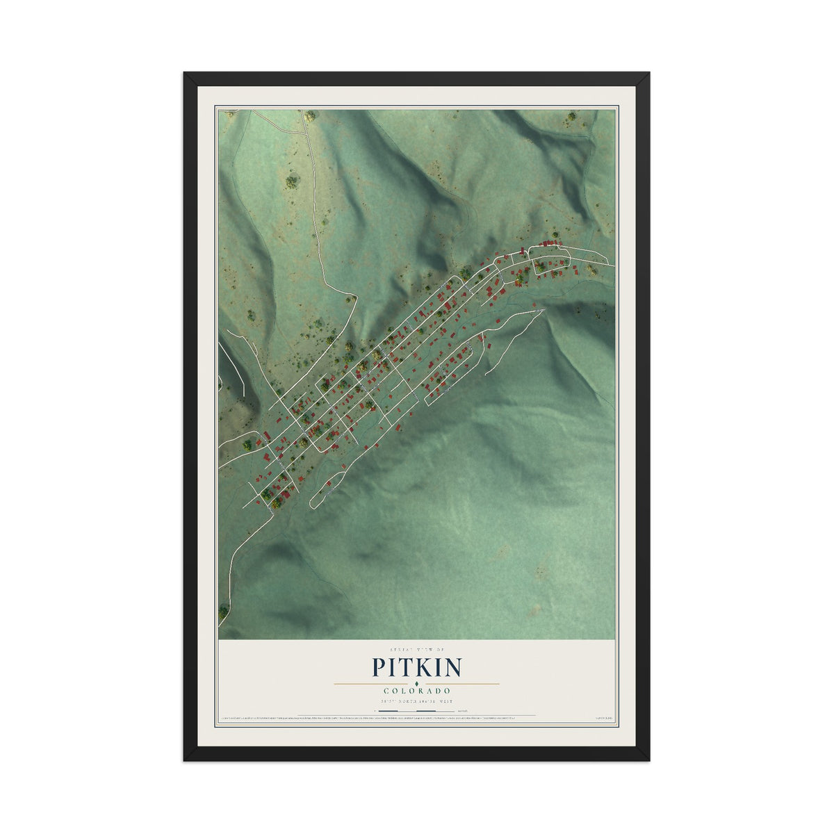 Map of Pitkin, Colorado, 12 x 18 inch print in a black wood frame