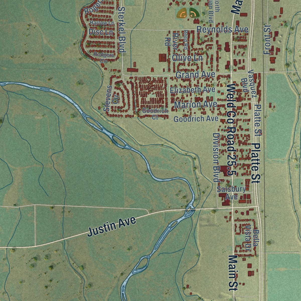 Close-up of the map of Platteville, Colorado print showing street and building detail