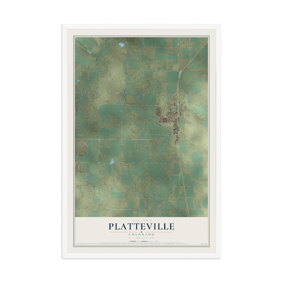 Map of Platteville, Colorado, 12 x 18 inch print in a white wood frame