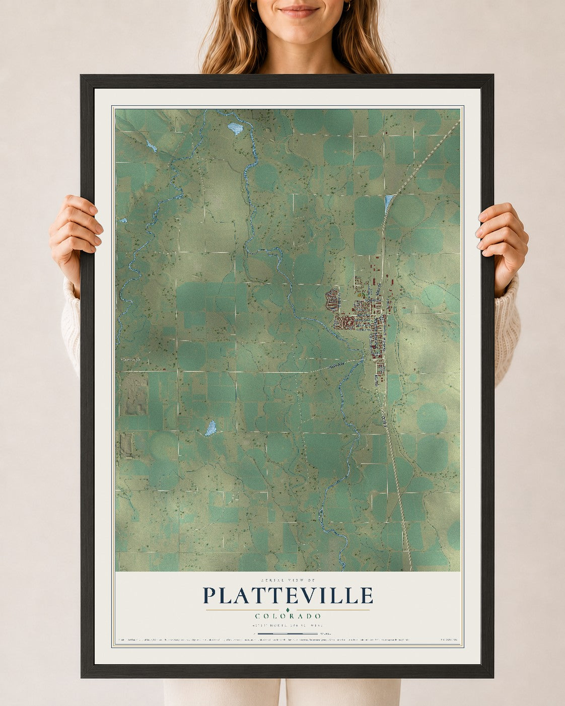 Map of Platteville, Colorado, 24 x 36 inch print in a black wood frame