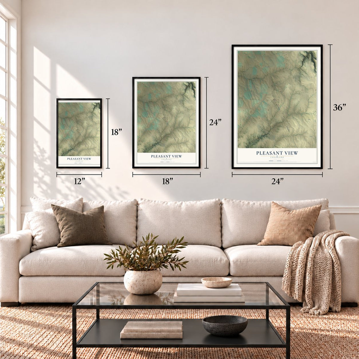 Pleasant View, Colorado map in 12 x 18, 18 x 24 and 24 x 36 inch sizes above a sofa