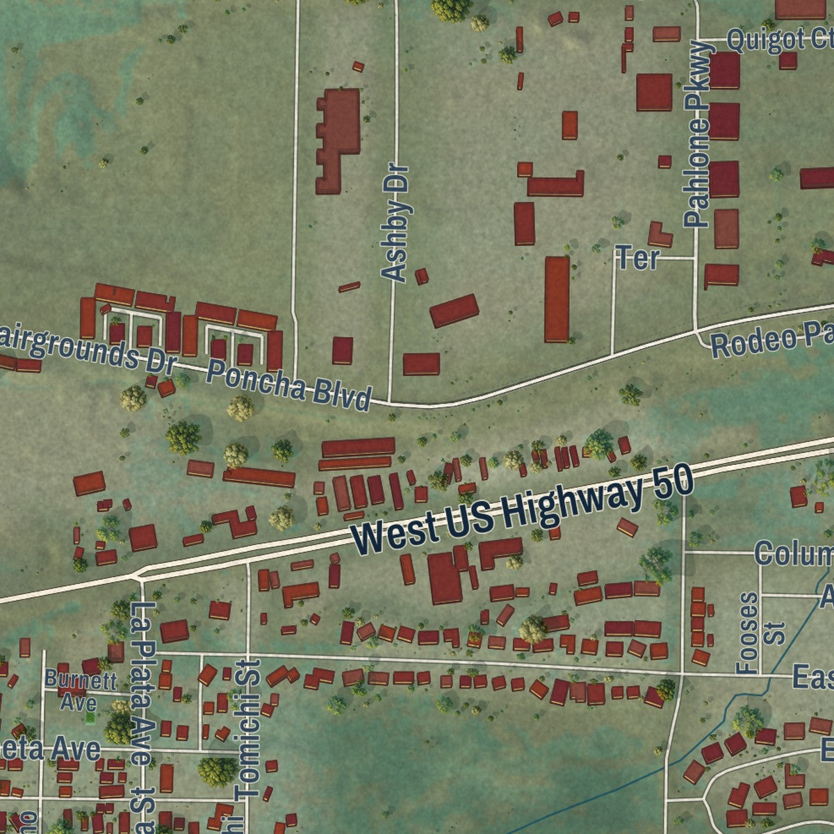 Close-up of the map of Poncha Springs, Colorado print showing street and building detail