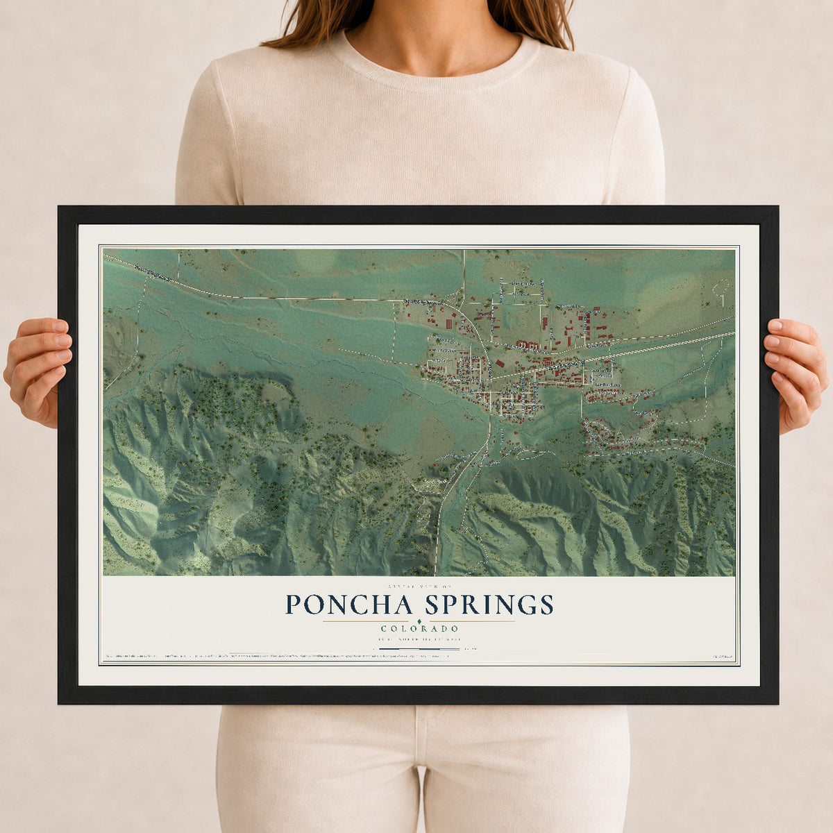 Map of Poncha Springs, Colorado, 12 x 18 inch print in a black wood frame