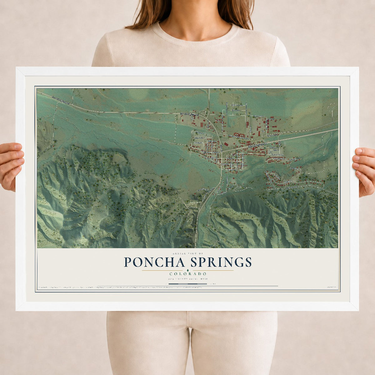 Map of Poncha Springs, Colorado, 18 x 24 inch print in a white wood frame
