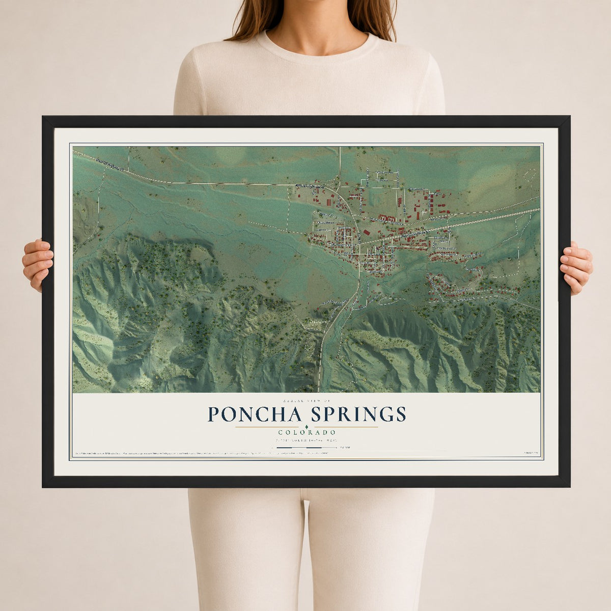Map of Poncha Springs, Colorado, 24 x 36 inch print in a black wood frame