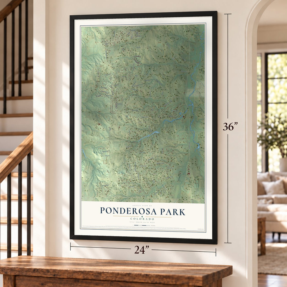 Ponderosa Park, Colorado map, 24 x 36 inch print in a black frame by a staircase
