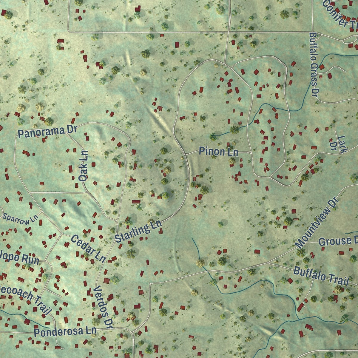 Close-up of the map of Ponderosa Park, Colorado print showing street and building detail