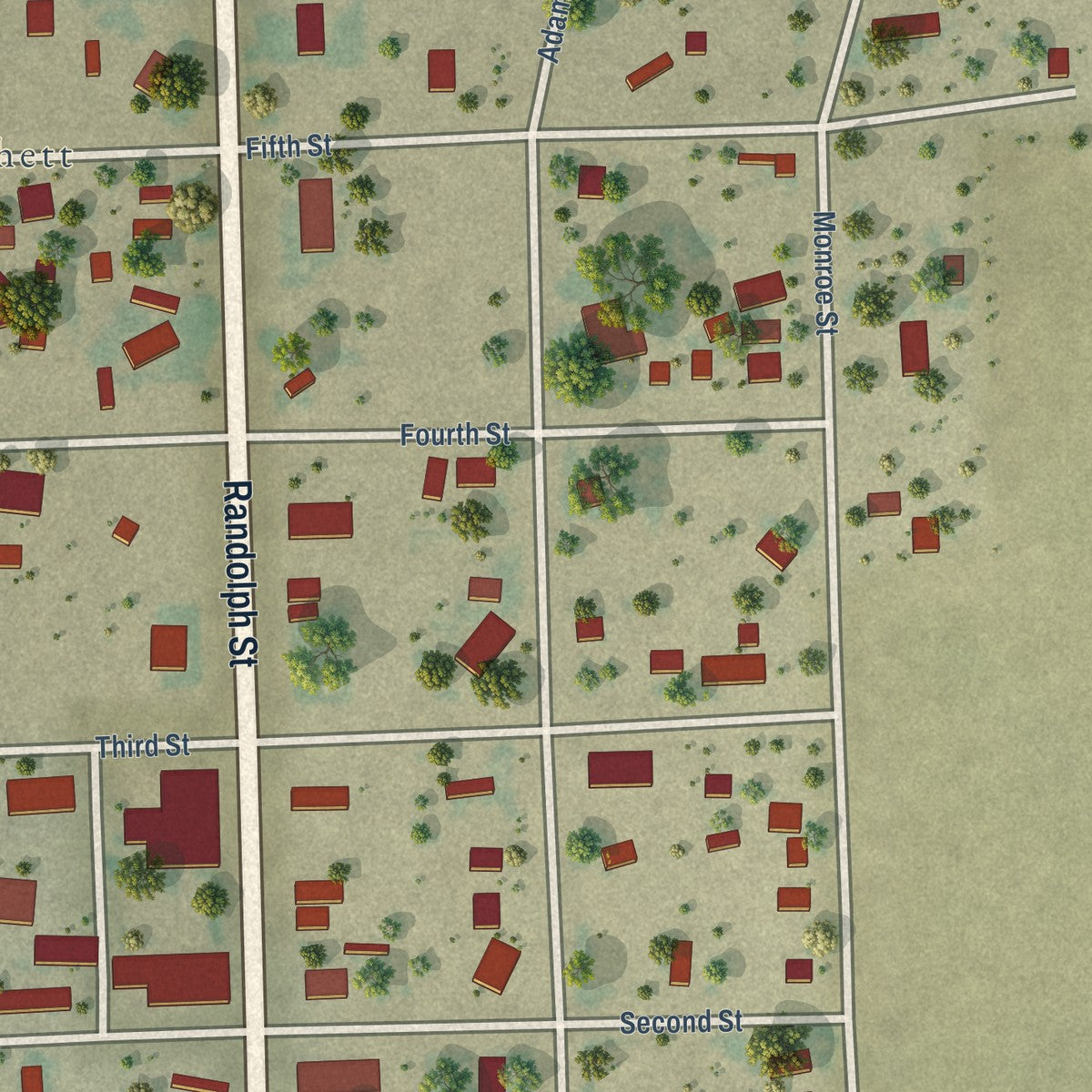 Close-up of the map of Pritchett, Colorado print showing street and building detail