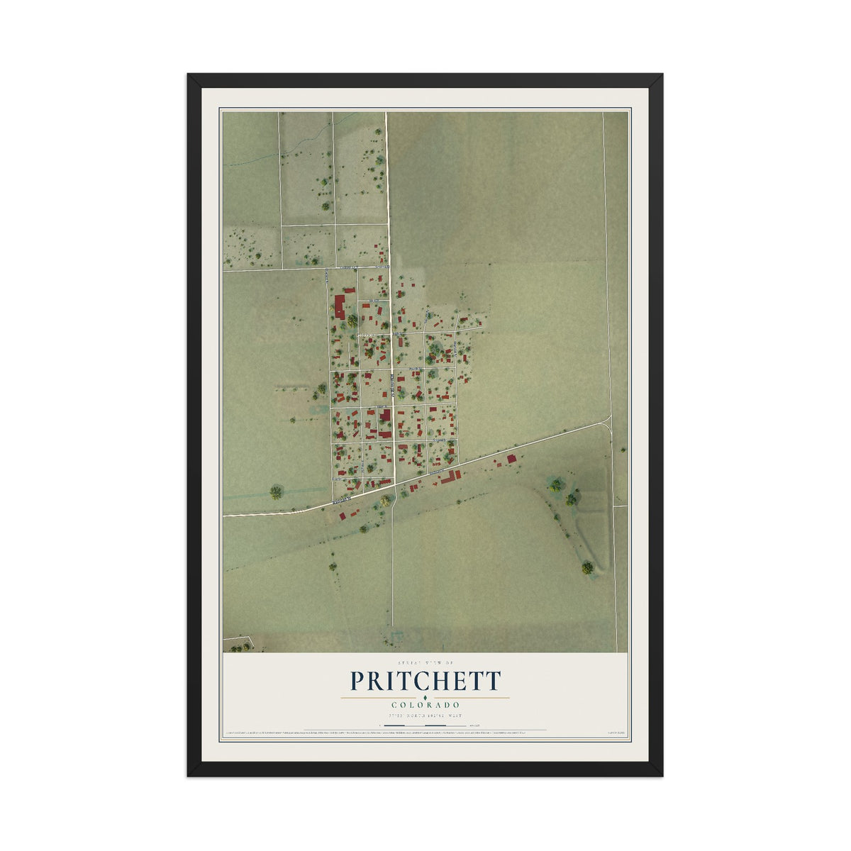 Map of Pritchett, Colorado, 12 x 18 inch print in a black wood frame