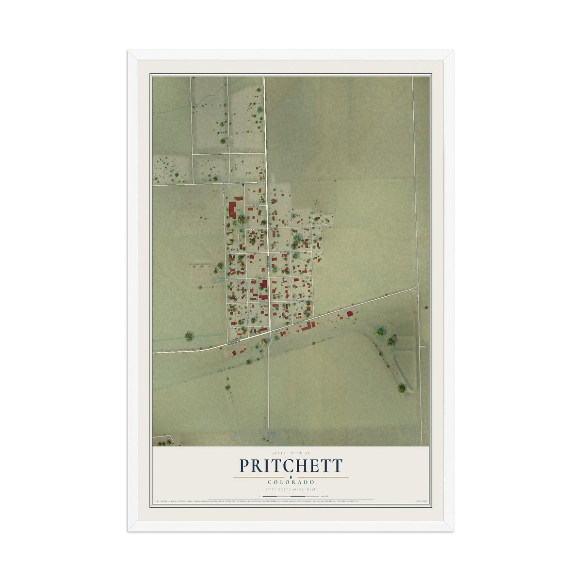Map of Pritchett, Colorado, 12 x 18 inch print in a white wood frame