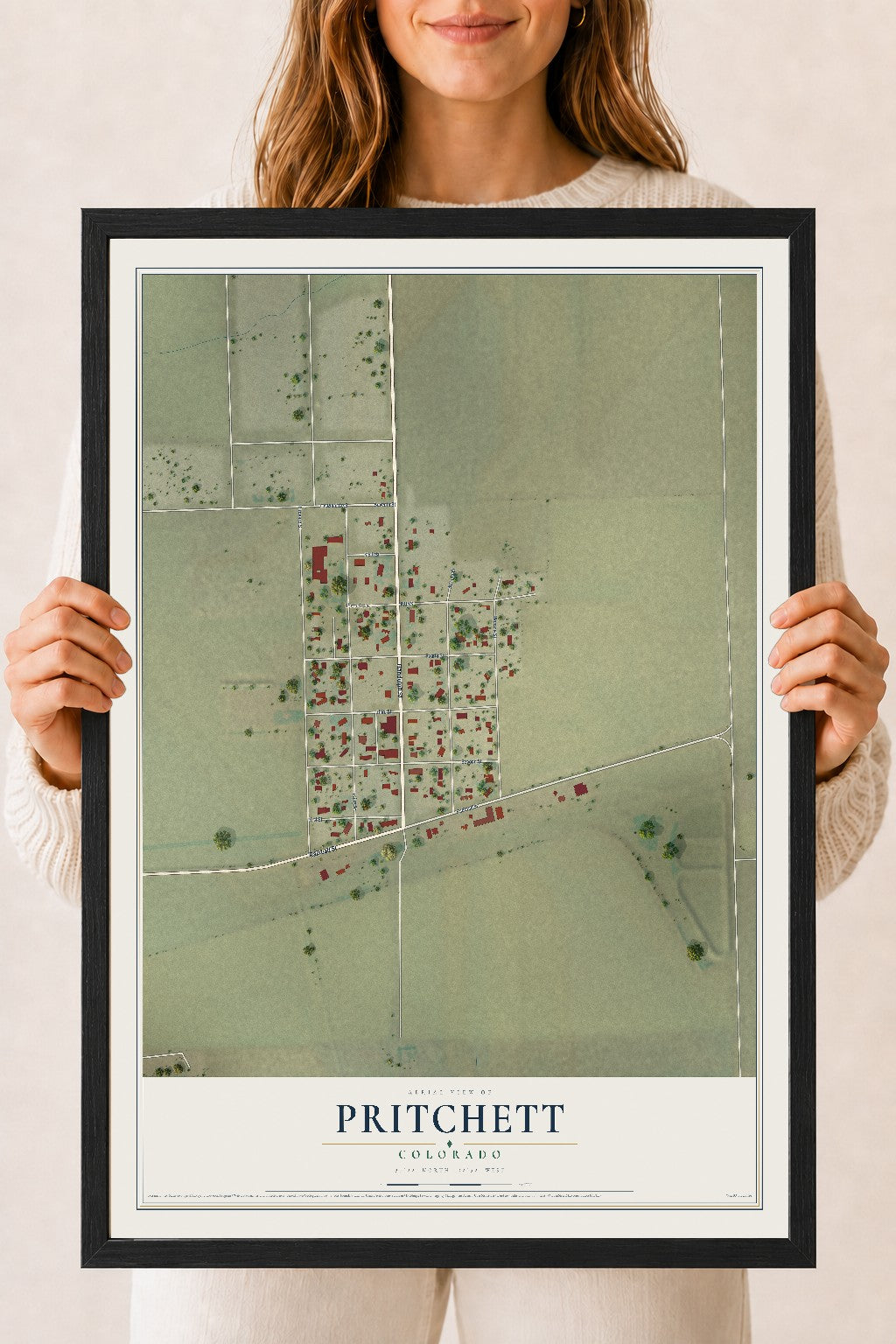 Map of Pritchett, Colorado, 18 x 24 inch print in a black wood frame