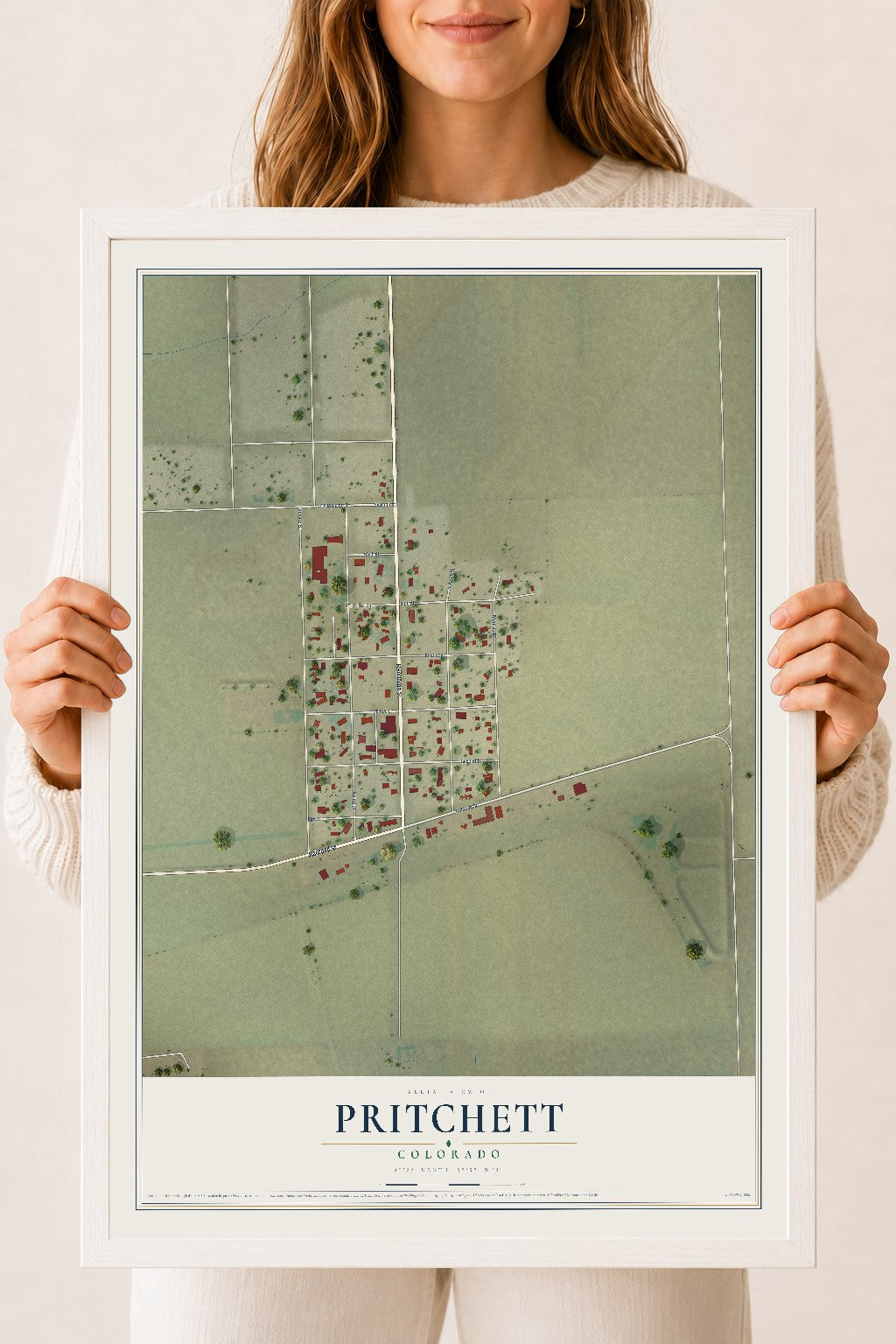 Map of Pritchett, Colorado, 18 x 24 inch print in a white wood frame