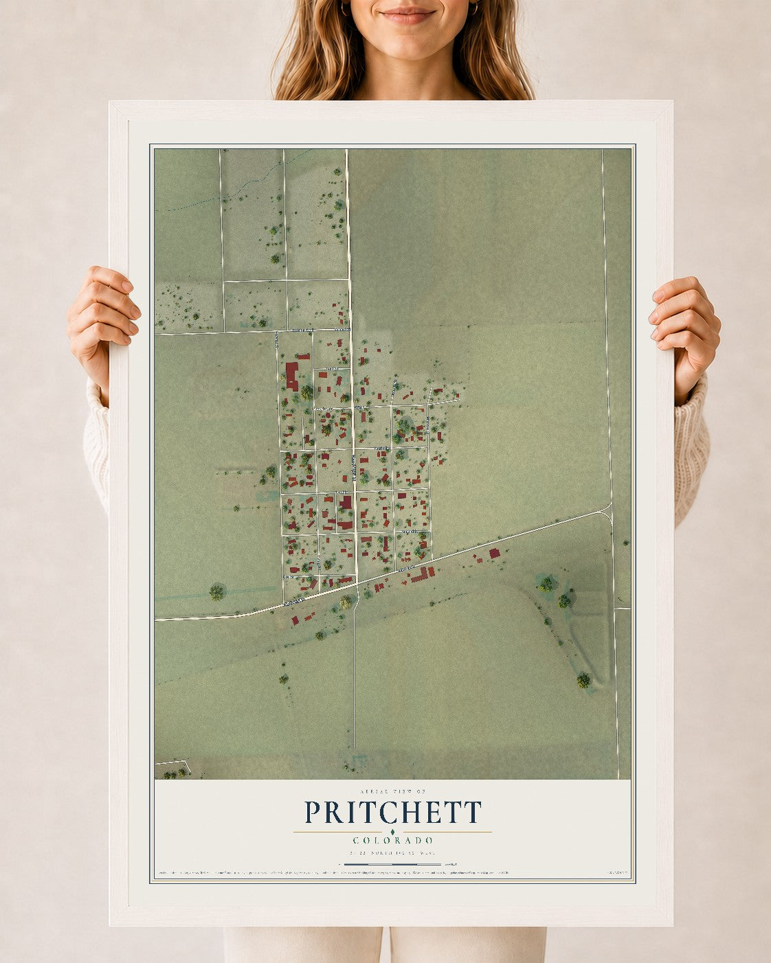 Map of Pritchett, Colorado, 24 x 36 inch print in a white wood frame