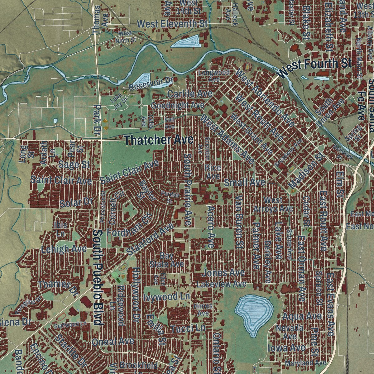 Close-up of the map of Pueblo, Colorado print showing street and building detail