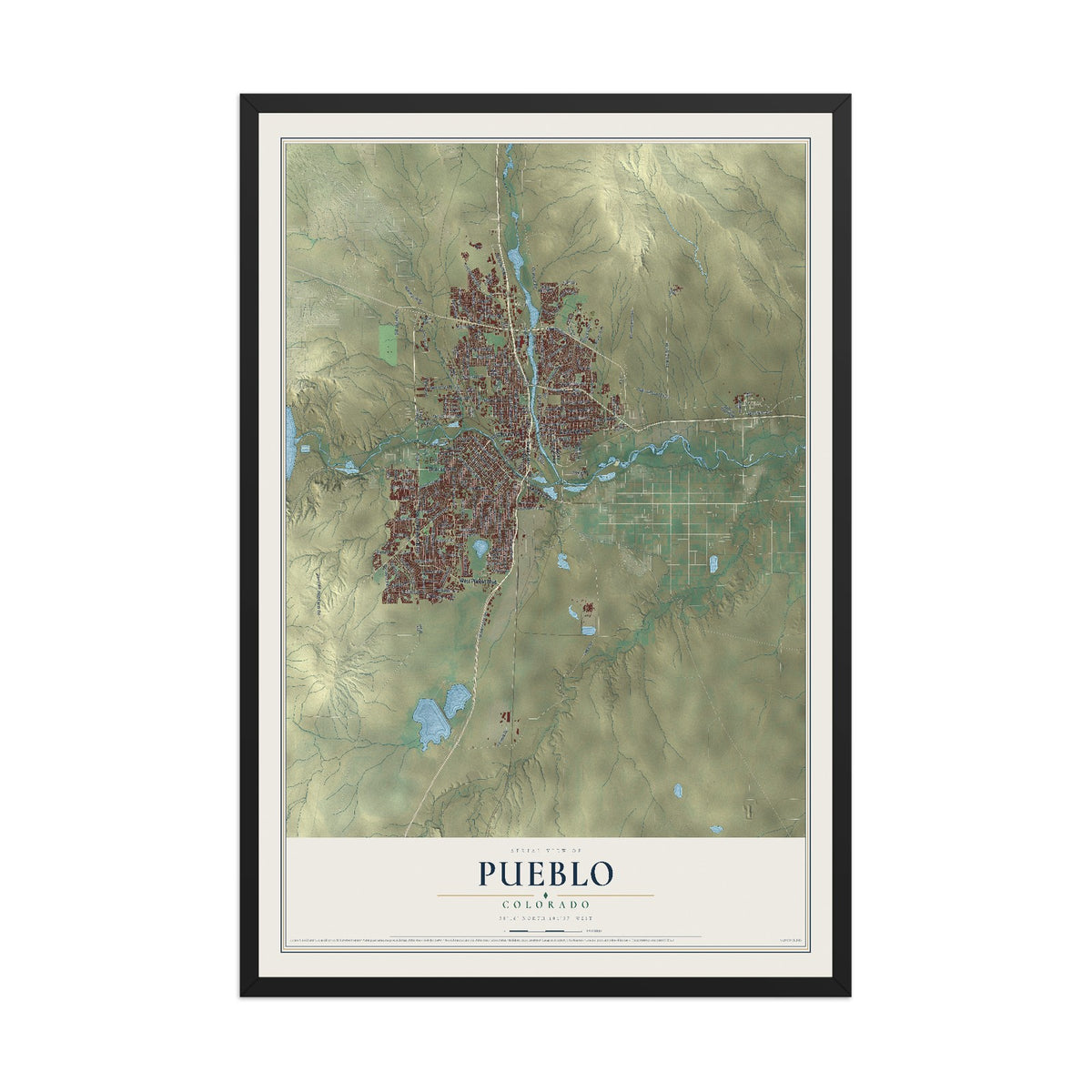 Map of Pueblo, Colorado, 12 x 18 inch print in a black wood frame
