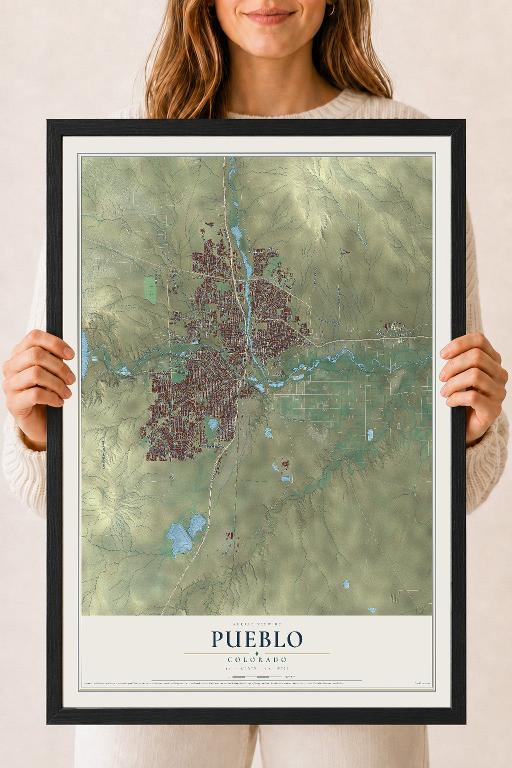 Map of Pueblo, Colorado, 18 x 24 inch print in a black wood frame
